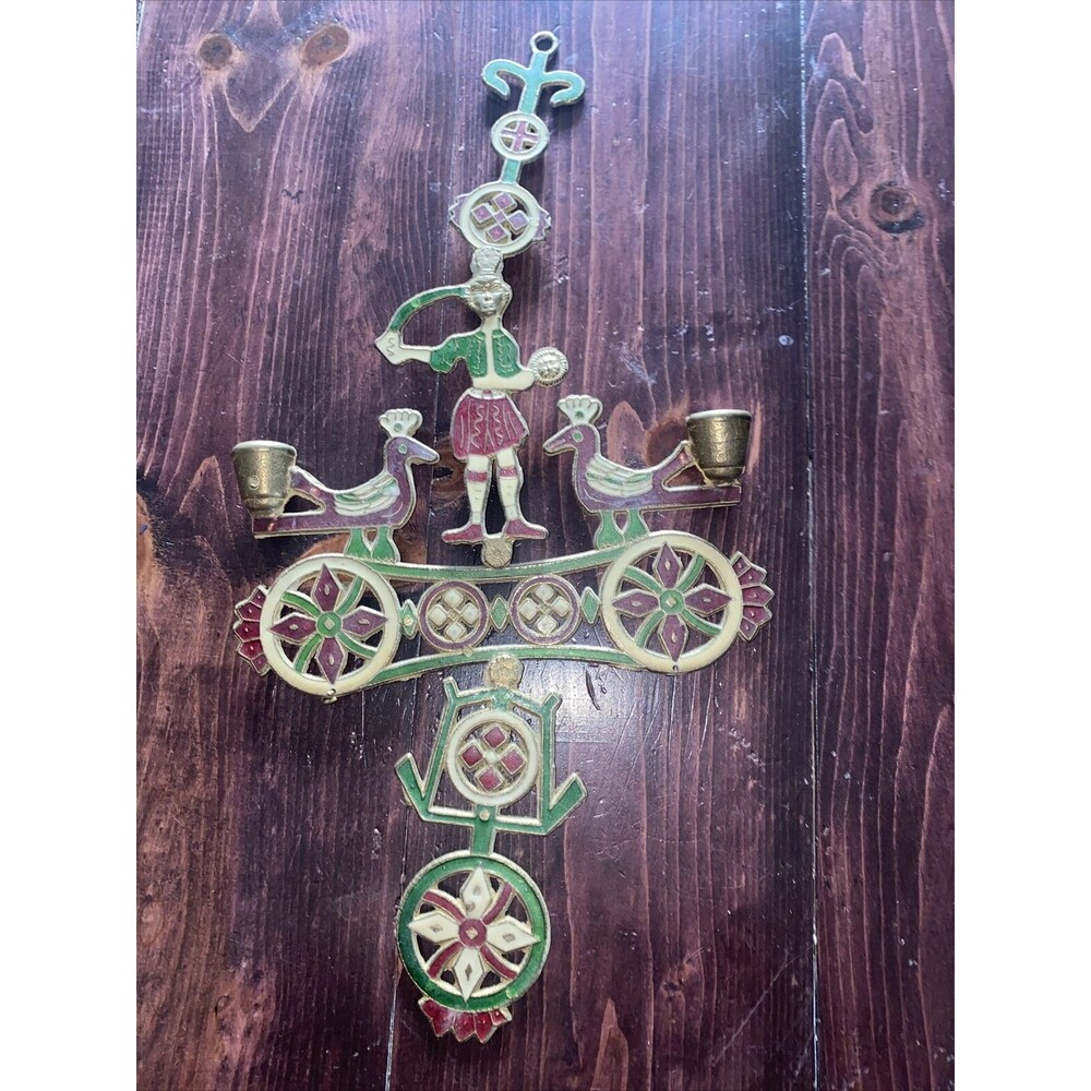 Vintage Metal Smaltotex Greek Orthodox Candle Holder Wall Hanging MCM Bird